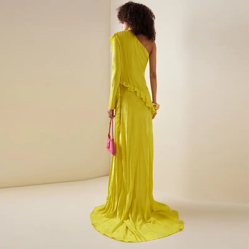 752 Yellow One Shoulder Ruffle Gown Alejandra Alonso Long Max Dress