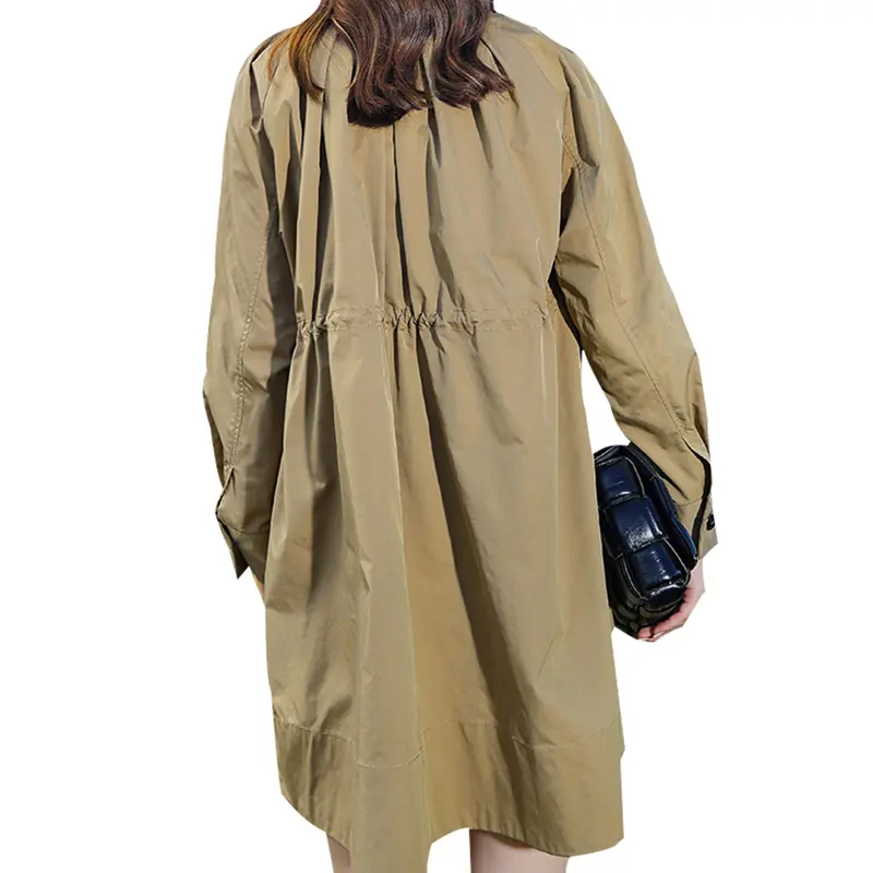 SS23101 Cotton Poplin Khaki Stand Neck Long Jacket Coat