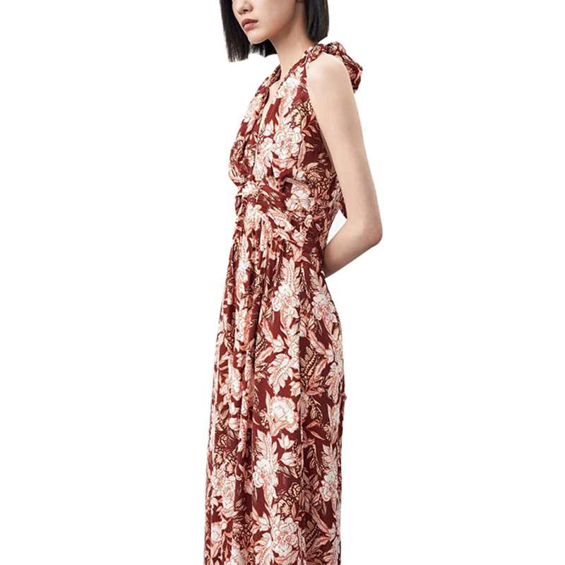Rayon Ditial Printed V neck Backless Crinkled wasit Long Dress (2)