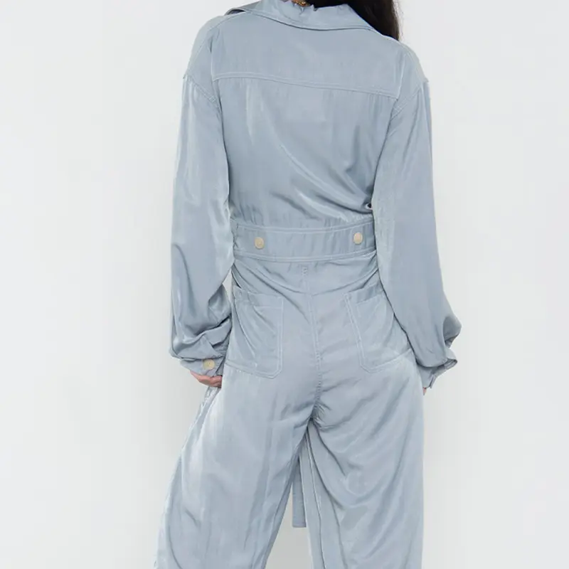 SS23114 Tencel Cotton Wash Blue Shirt Neck long sleeve Pant belt Playsuit Jumper