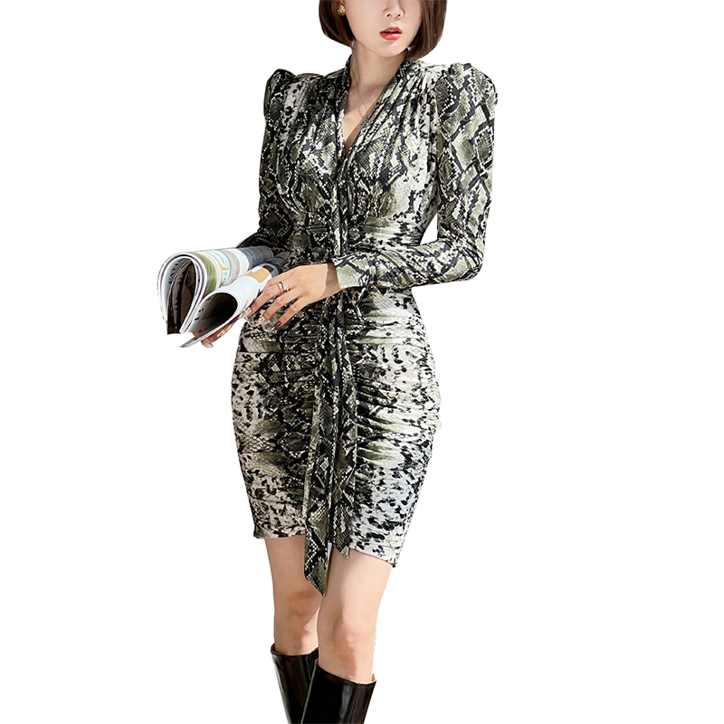 SS2315 Mesh Digital Leopard Printed Knight Long Sleeve Tied Neck Mini Dress (3)